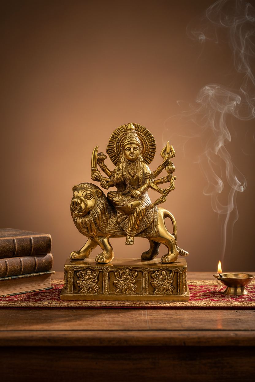 Goddess Durga Brass Murti | Sacred Handcrafted Idol for Home Temple & Puja - ManiMonk