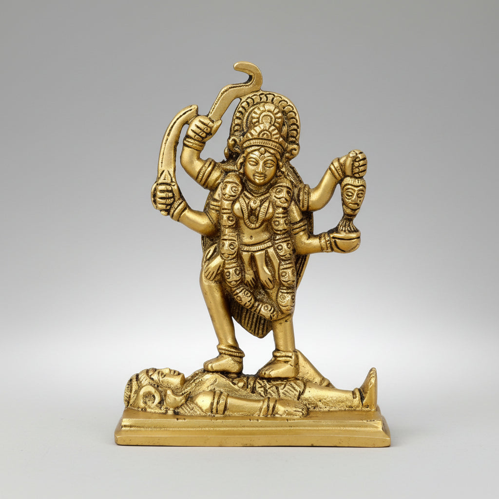Goddess Kaali Standing Over Shiva Brass Idol 5.1 Inch Antique Finish