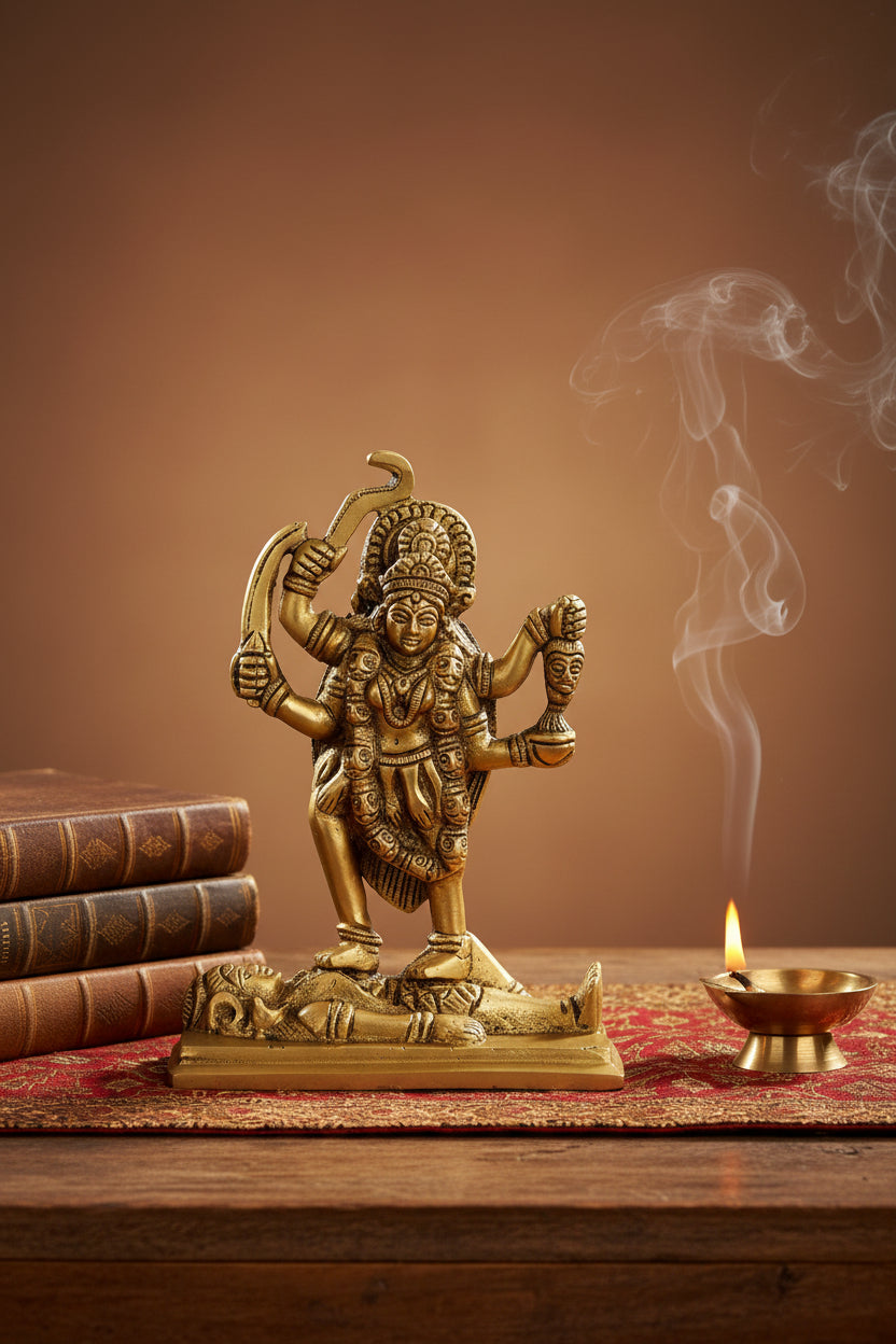 Goddess Kaali Standing Over Shiva Brass Idol 5.1 Inch Antique Finish