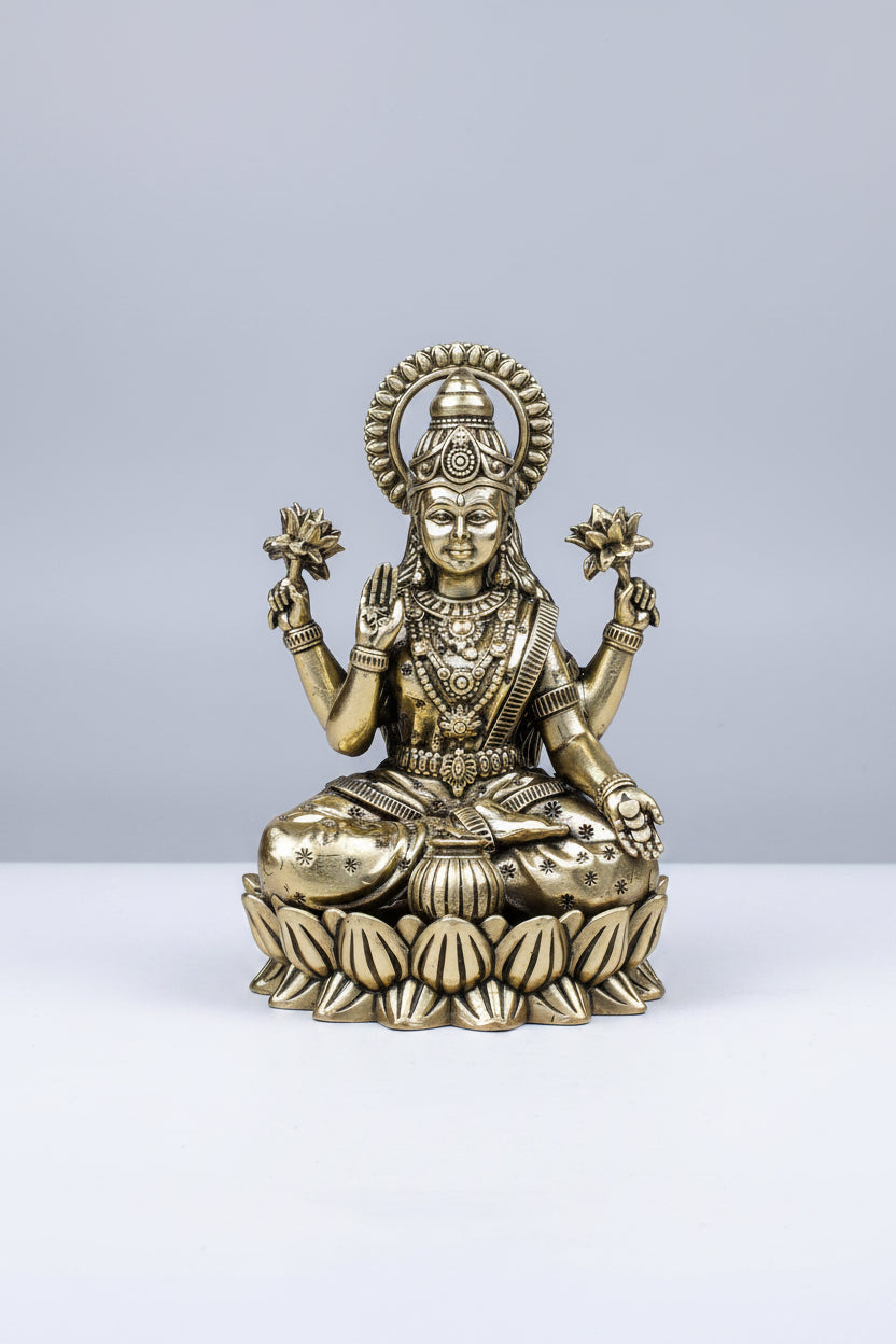 A brass statue of a seated Hindu goddess, likely Lakshmi, on a lotus base, photographed against a neutral light gray background.