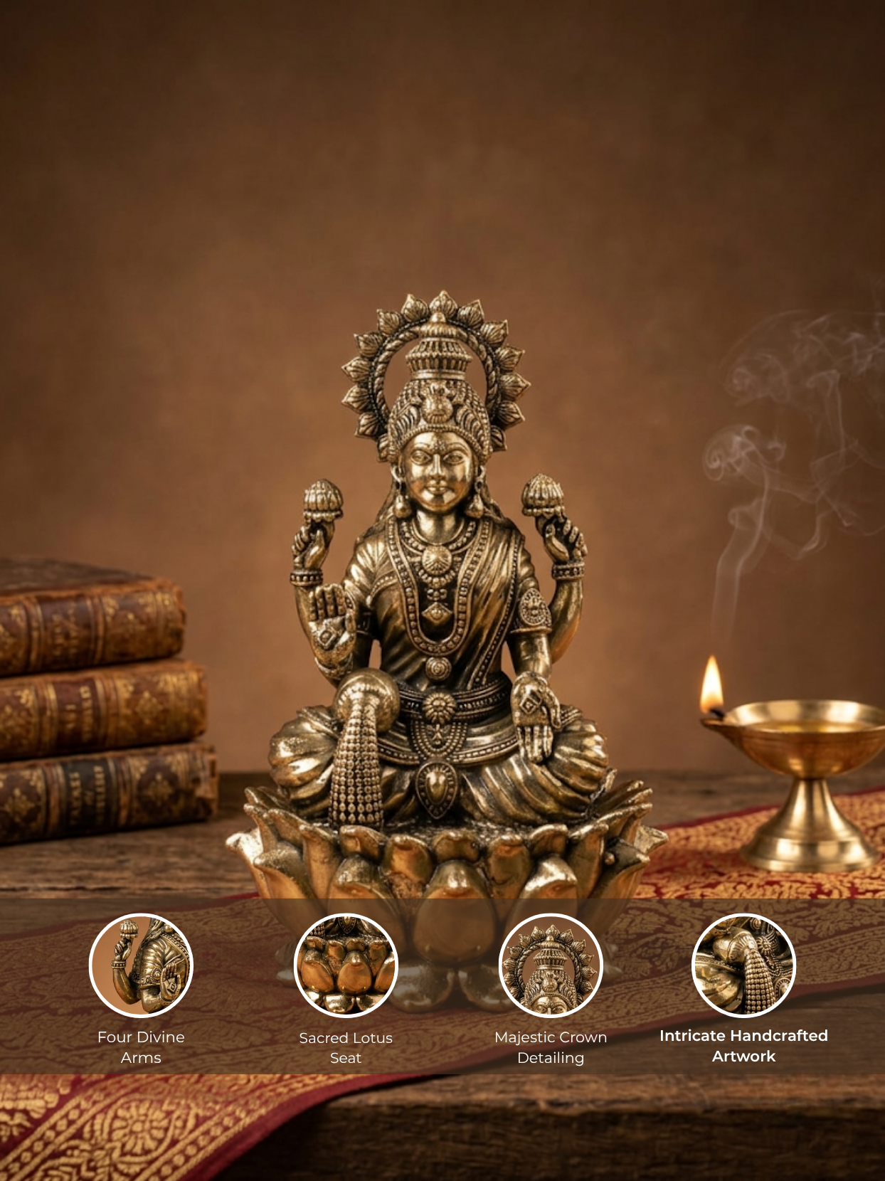 A bronze-toned seated Hindu deity statue on a lotus base, styled on a wooden surface with stacked books, a lit oil lamp, and a patterned cloth against a warm brown backdrop. Four circular inset callouts at the bottom highlight features such as four divine arms, sacred lotus base, magnetic crown detailing, and intricate handcrafted artwork.