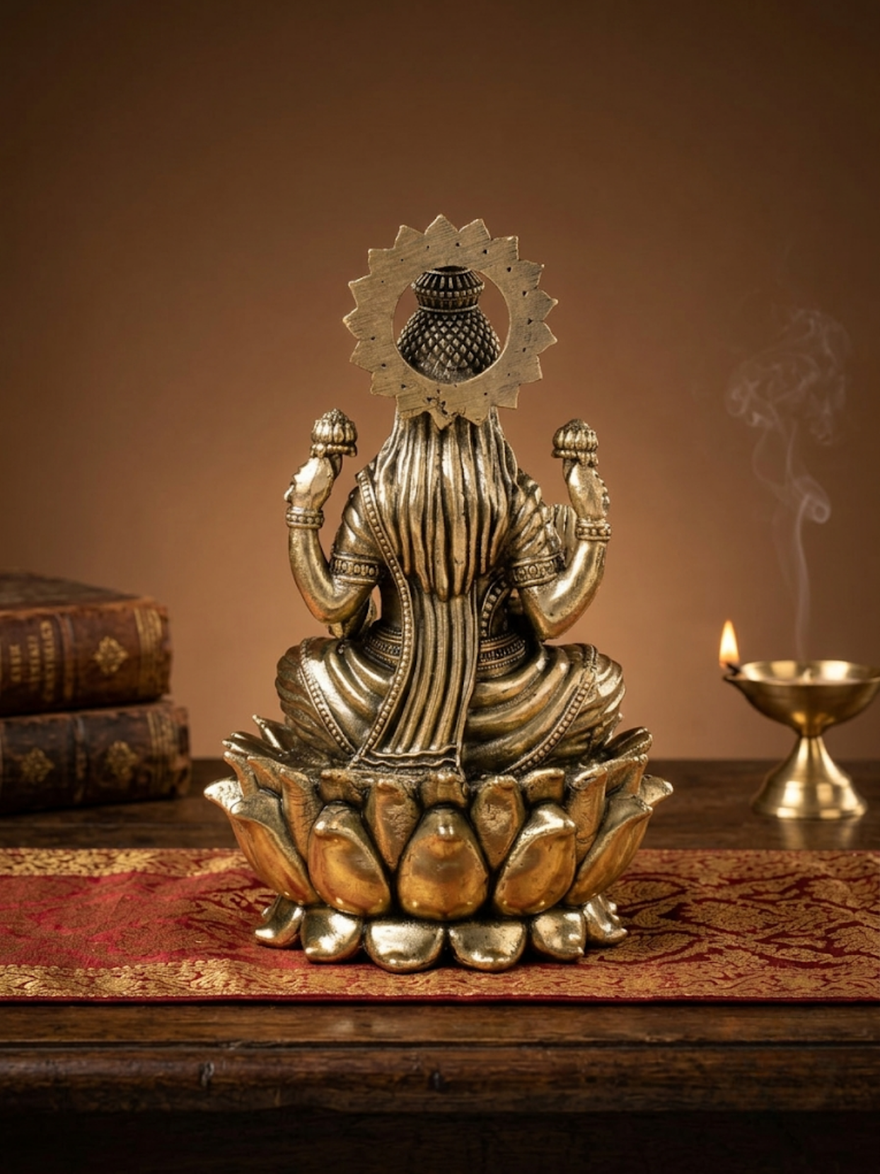 A metallic brass Lord Ganesha idol seated on a lotus base, placed on a wooden table with a red patterned runner, a burning diya, and stacked books in the background.