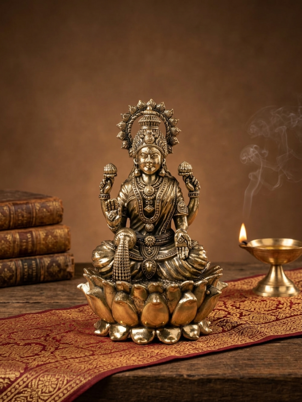 An antique-style bronze Hindu deity statue seated on a lotus base, displayed on a wooden surface with a red patterned runner, stacked books, and a burning brass diya against a warm brown background.