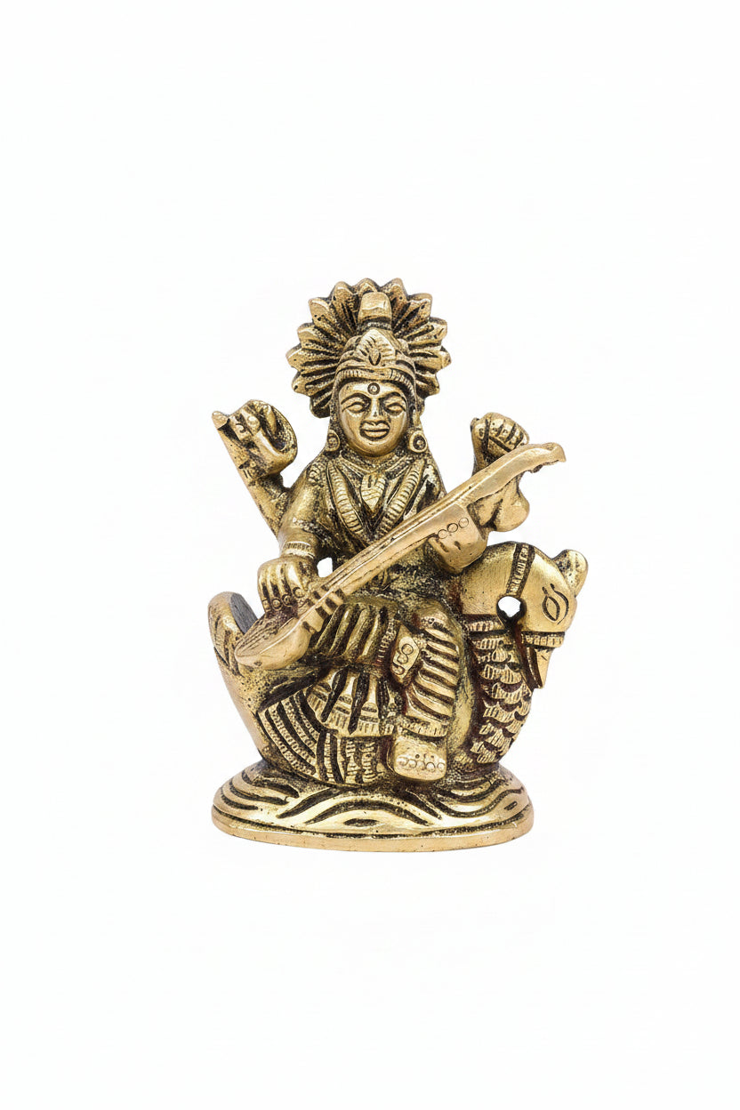 Goddess Saraswati Brass Idol on Swan Handcrafted 3.2 Inch Statue for Home Temple