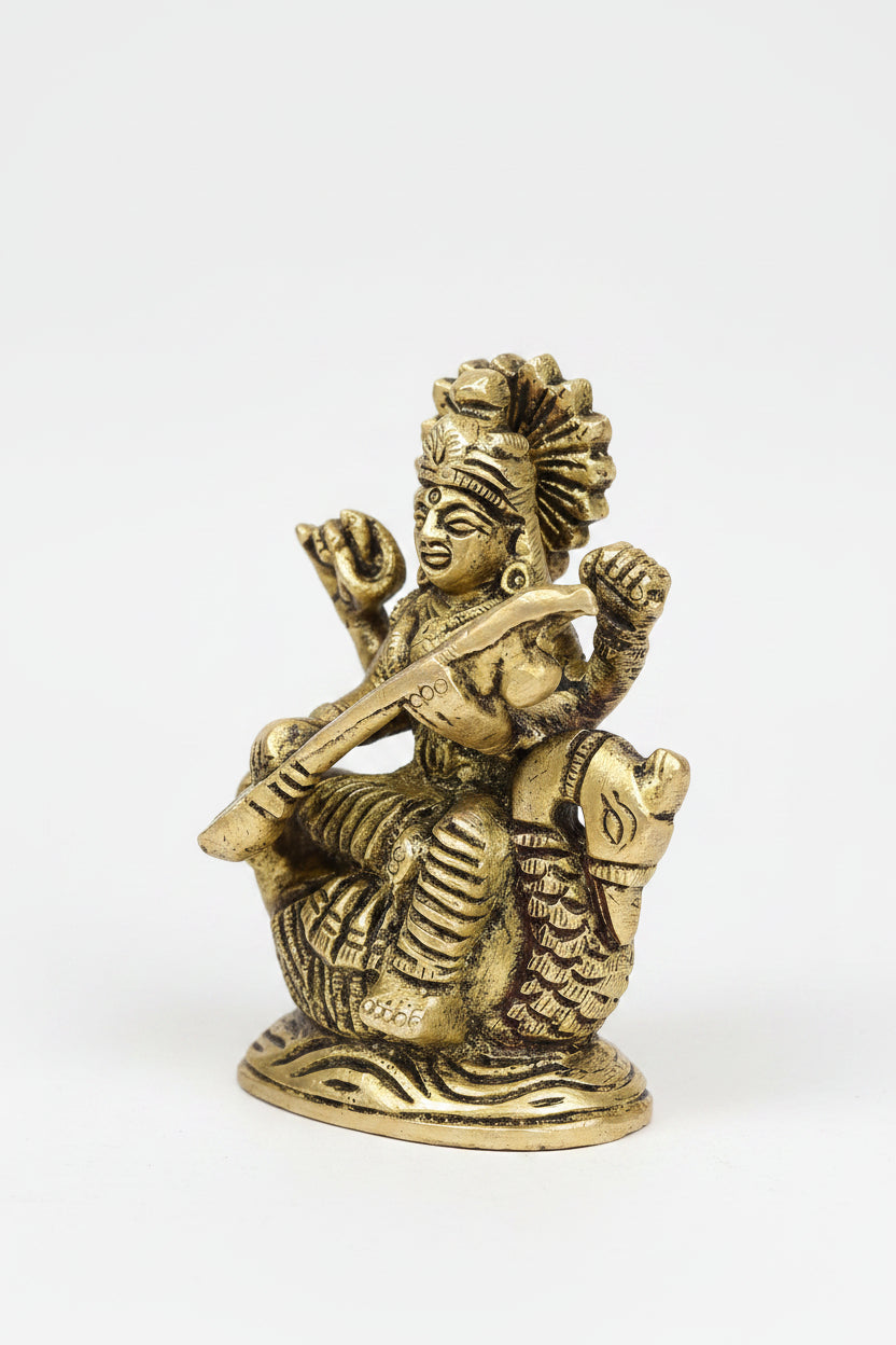Goddess Saraswati Brass Idol on Swan Handcrafted 3.2 Inch Statue for Home Temple