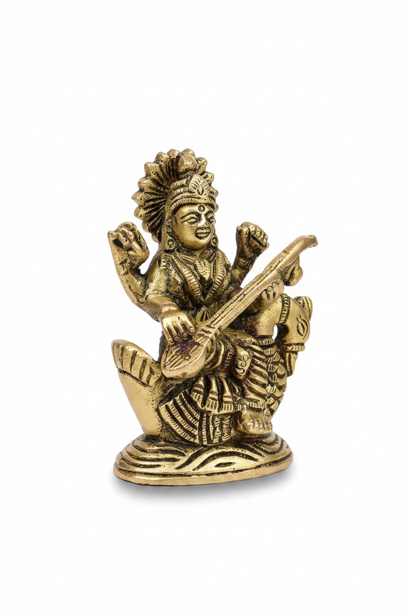 Goddess Saraswati Brass Idol on Swan Handcrafted 3.2 Inch Statue for Home Temple