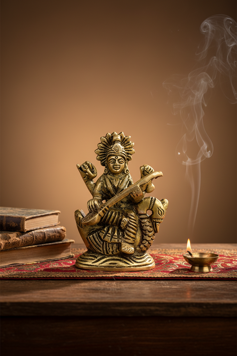 Goddess Saraswati Brass Idol on Swan Handcrafted 3.2 Inch Statue for Home Temple