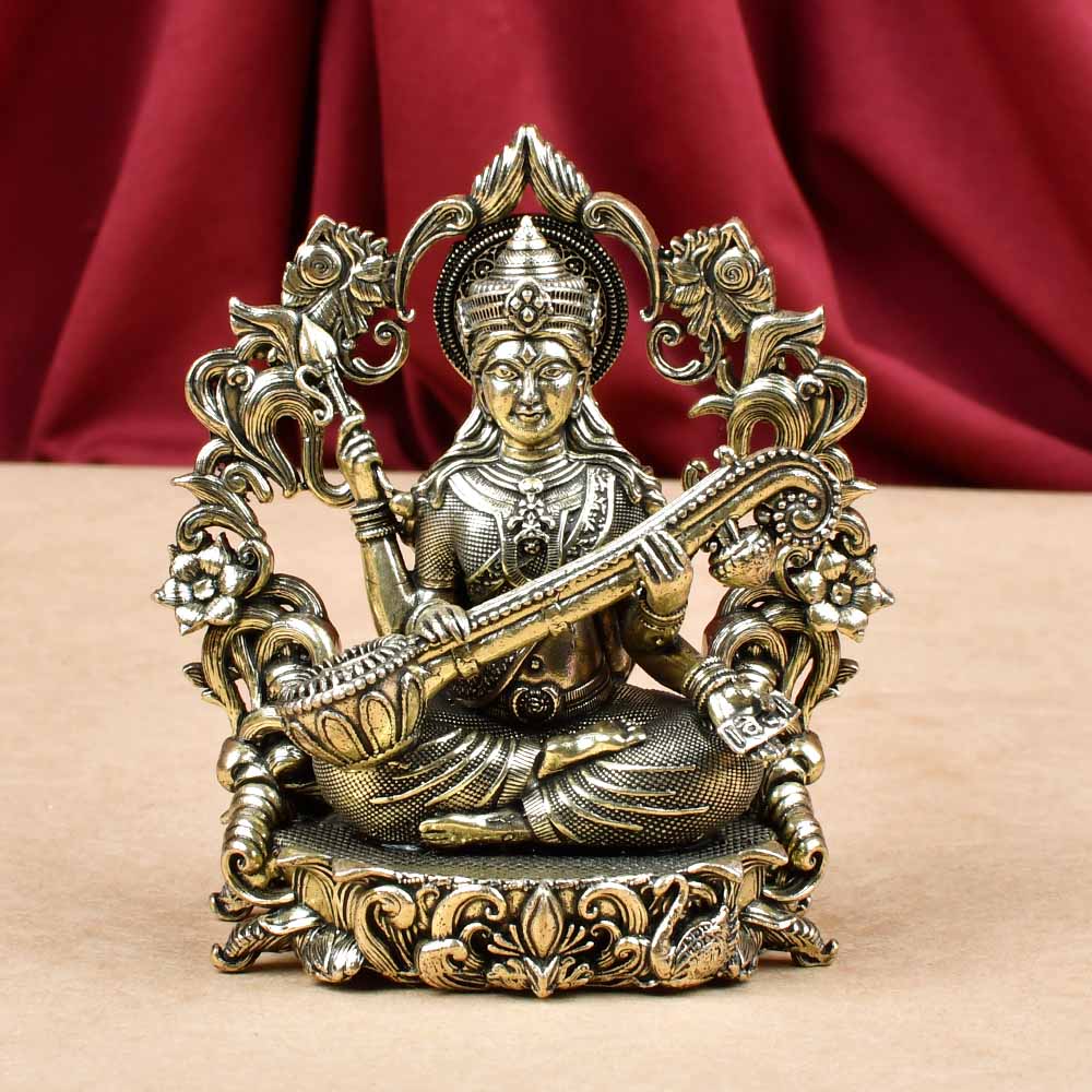 Goddess Saraswati with Floral Frame Ashtadhatu Idol