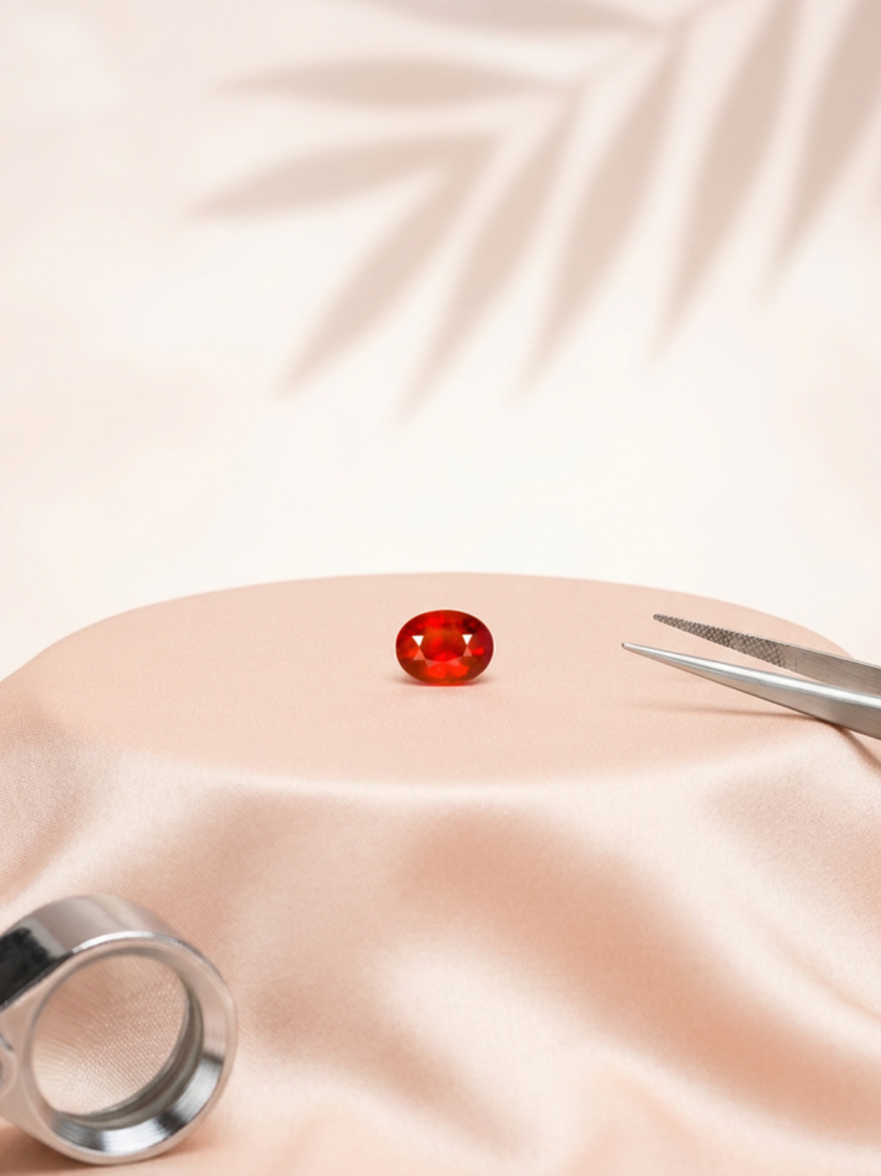 Front lifestyle view of the Mani Monk approx 3-carat Gomed stone, resting elegantly on a peach silk pedestal alongside a jeweler's loupe and tweezers