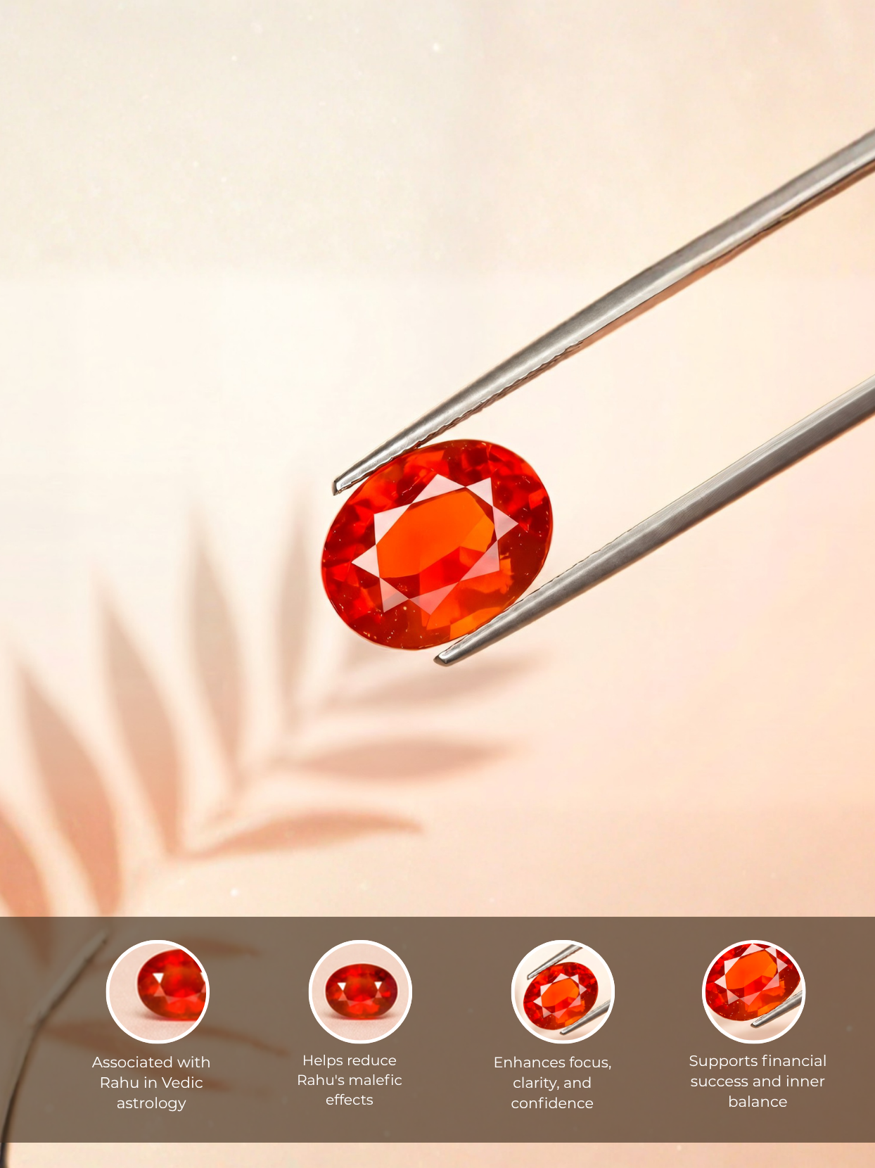 Detailed infographic view of the Mani Monk 3-carat Gomed gemstone held in tweezers, highlighting its Vedic astrology benefits including reducing Rahu's malefic effects, enhancing focus, and protecting against negative energies