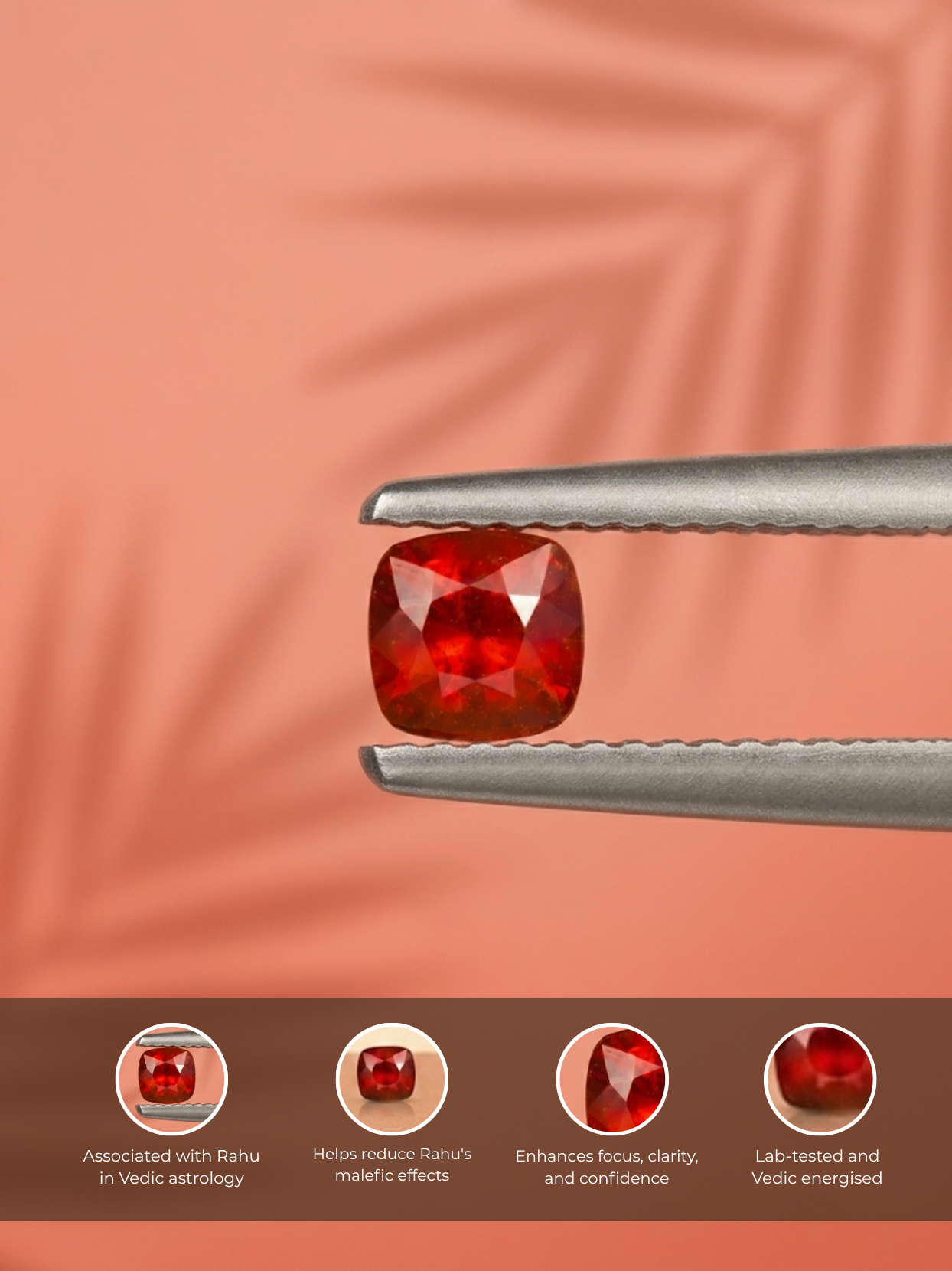 Detailed infographic view of the Mani Monk 4-carat Gomed gemstone held in tweezers, highlighting its Vedic astrology benefits including reducing Rahu's malefic effects, enhancing focus, and protecting against negative energies