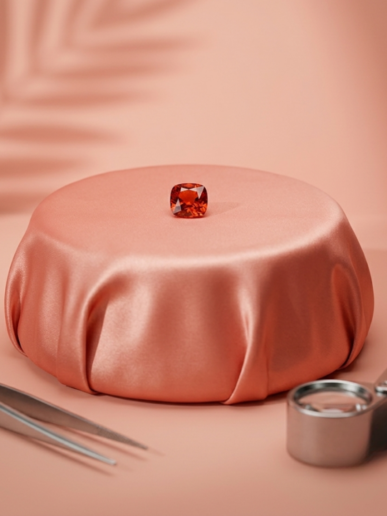 Front lifestyle view of the Mani Monk approx 5-carat Gomed stone, resting elegantly on a peach silk pedestal alongside a jeweler's loupe and tweezers.