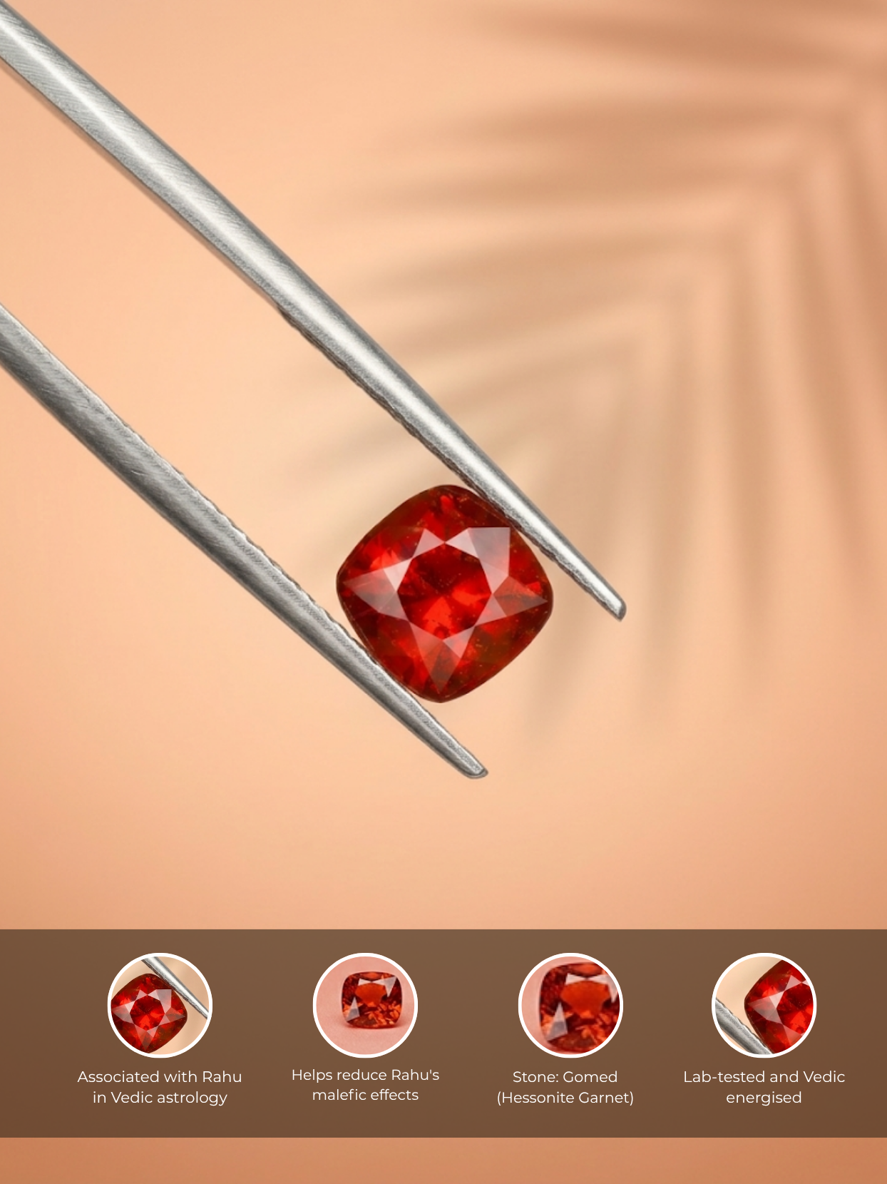 Detailed infographic view of the Mani Monk 5-carat Gomed gemstone held in tweezers, highlighting its Vedic astrology benefits including reducing Rahu's malefic effects, enhancing focus, and protecting against negative energies.