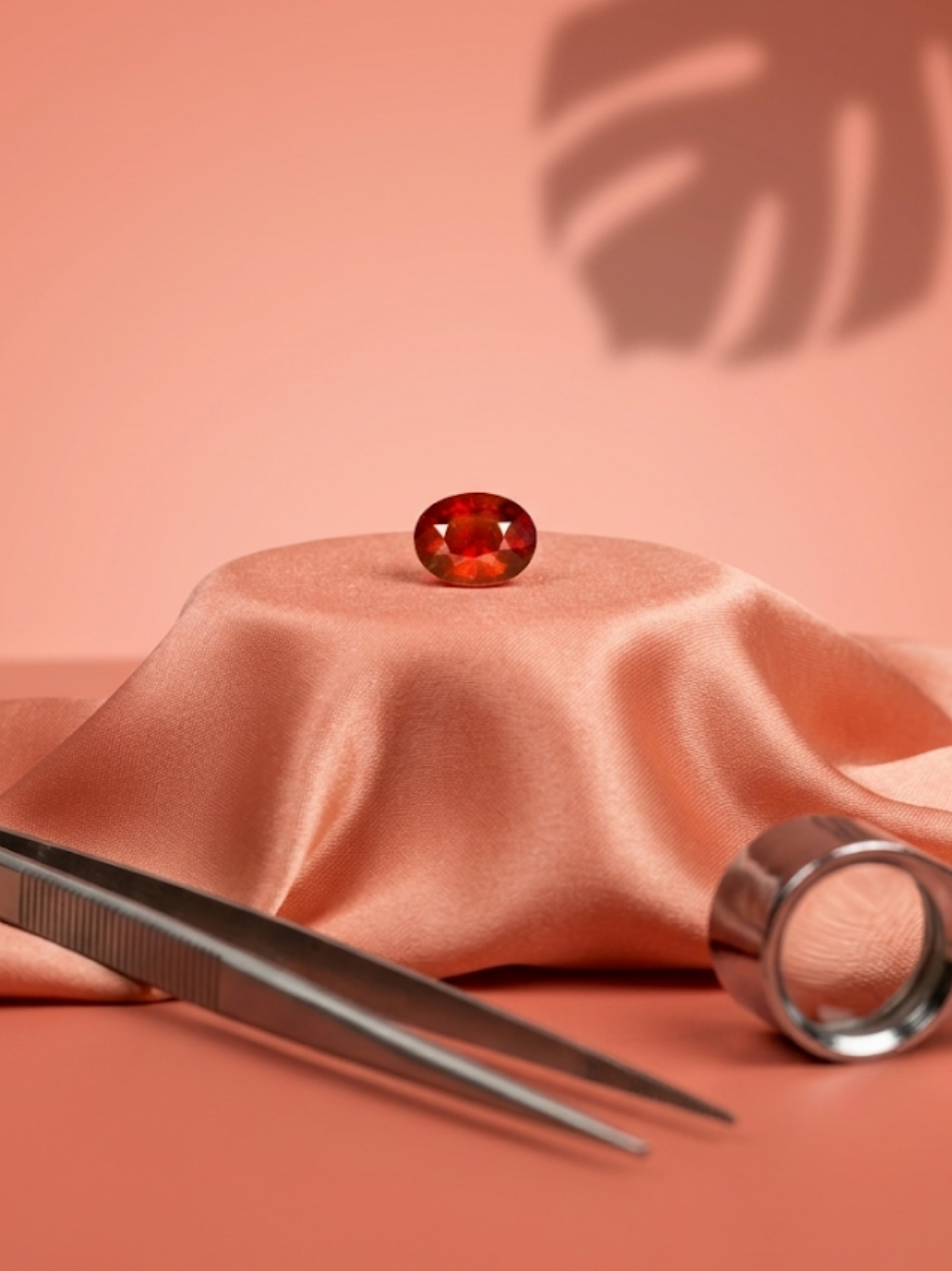 Front lifestyle view of the Mani Monk approx 6-carat Gomed stone, resting elegantly on a peach silk pedestal alongside a jeweler's loupe and tweezers