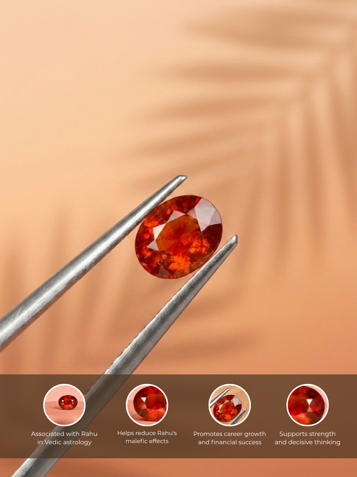Detailed infographic view of the Mani Monk 6-carat Gomed gemstone held in tweezers, highlighting its Vedic astrology benefits including reducing Rahu's malefic effects, enhancing focus, and protecting against negative energies.