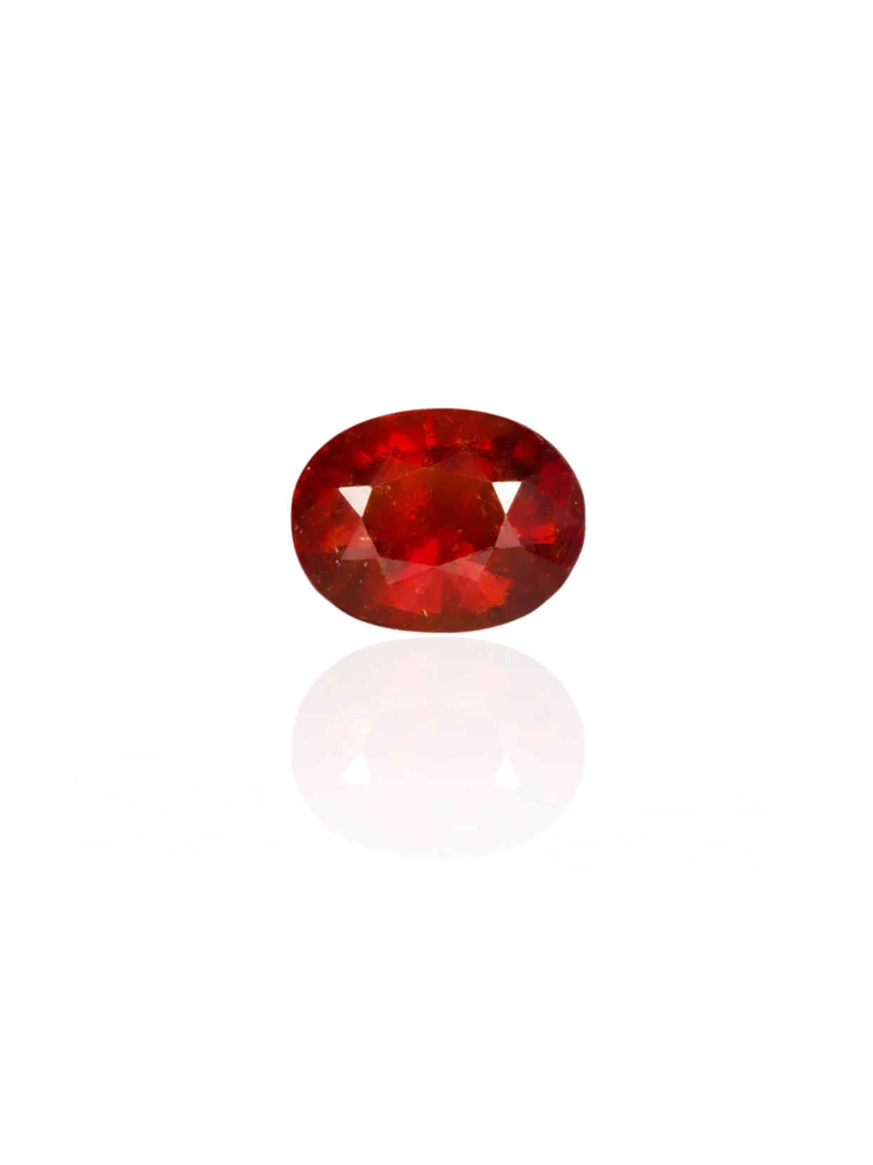 Clean studio shot of the Mani Monk approx 6-carat oval-cut Gomed gemstone, beautifully isolated on a bright white background with a subtle surface reflection.