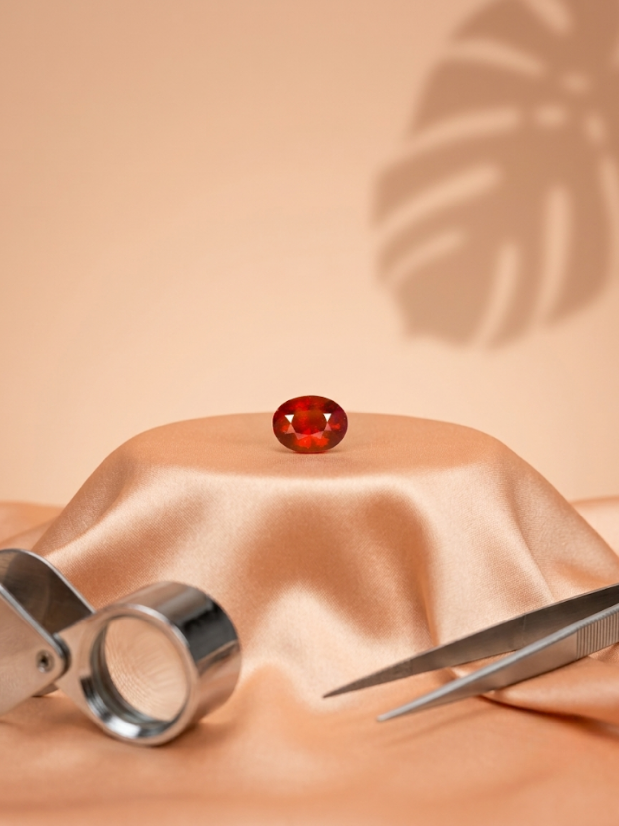 Front lifestyle view of the Mani Monk approx 7-carat Gomed stone, resting elegantly on a peach silk pedestal alongside a jeweler's loupe and tweezers.