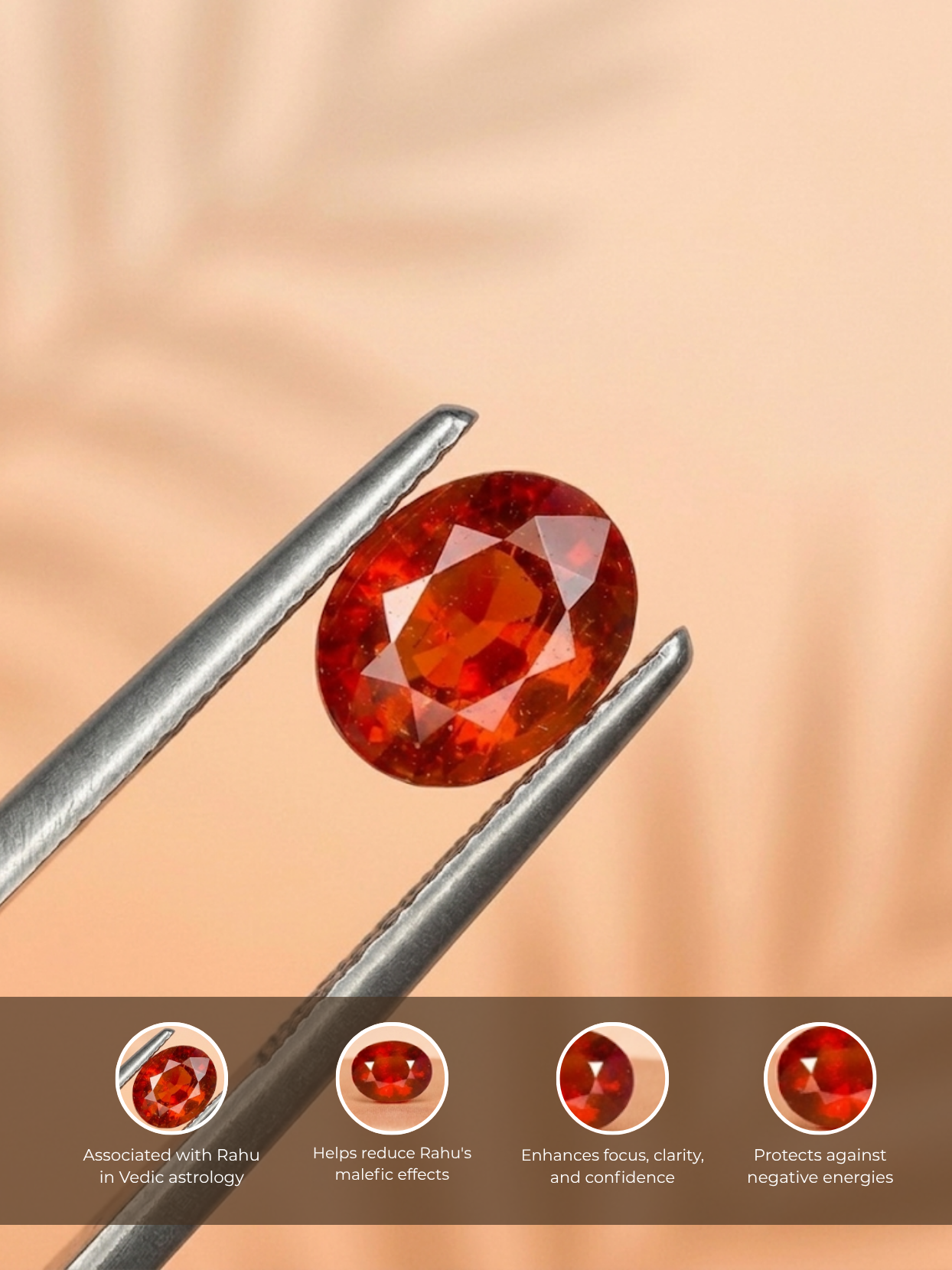 Detailed infographic view of the Mani Monk 7-carat Gomed gemstone held in tweezers, highlighting its Vedic astrology benefits including reducing Rahu's malefic effects, enhancing focus, and protecting against negative energies