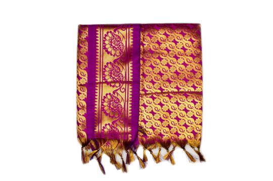 Golden Flower Design Silk PUJA Shawl-Indigo