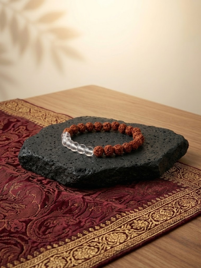 5 Mukhi Rudraksha Bracelet with White Crystals Original Jupiter and Shiva Blessed