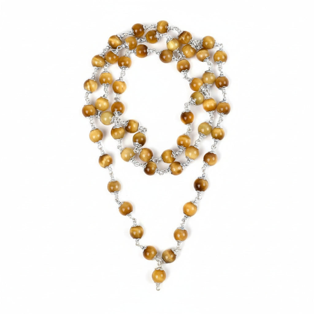 Cats Eye Mala in Pure Silver Flower Caps