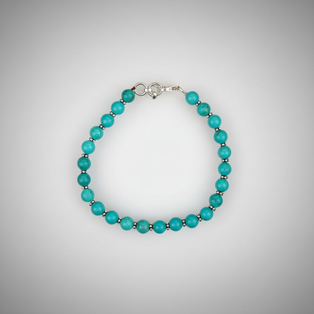 Turquoise (Firoza) Silver Chakri Bracelet-6 mm
