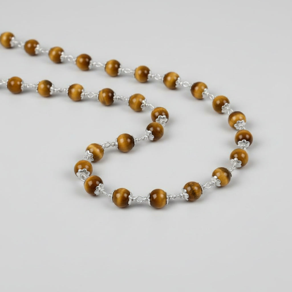 Cats Eye Mala in Pure Silver Flower Caps