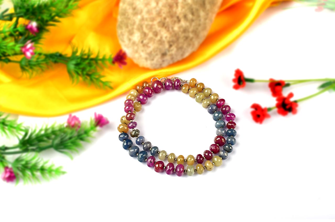 Ruby & Sapphire Faceted Button Shape Necklace