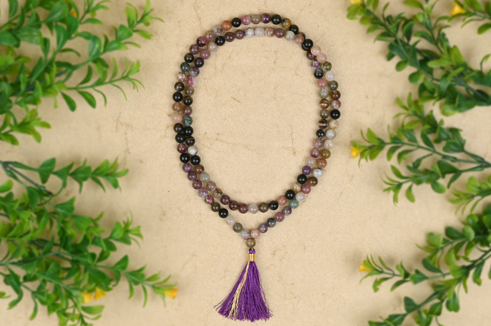 Multi Tourmaline Round Beads Mala-108 +1 Beads (Size: 8 mm)