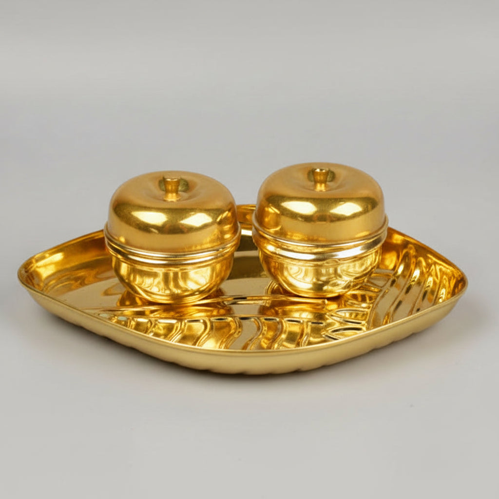 Brass Shankh Plate With Haldi Kumkum Containers (Dibbi)