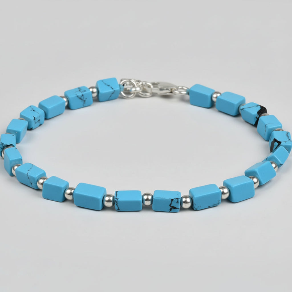 Turquoise Cuboid Beads 925 Silver Balls Bracelet