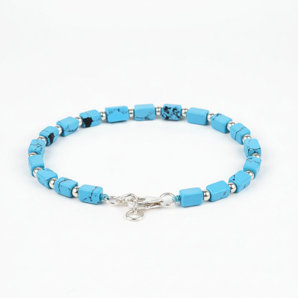 Turquoise Cuboid Beads 925 Silver Balls Bracelet