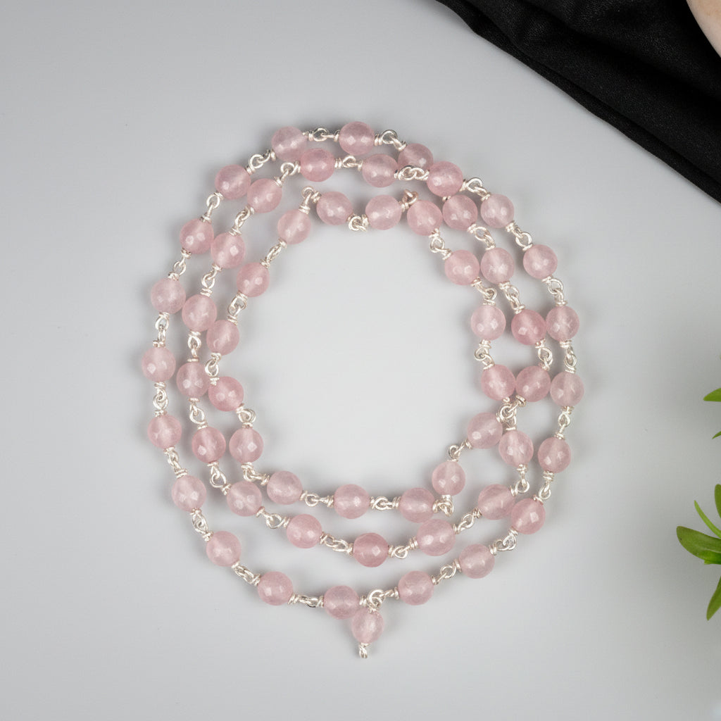 Rose Quartz Faceted Beads 925 Silver Wire Mala-8 mm