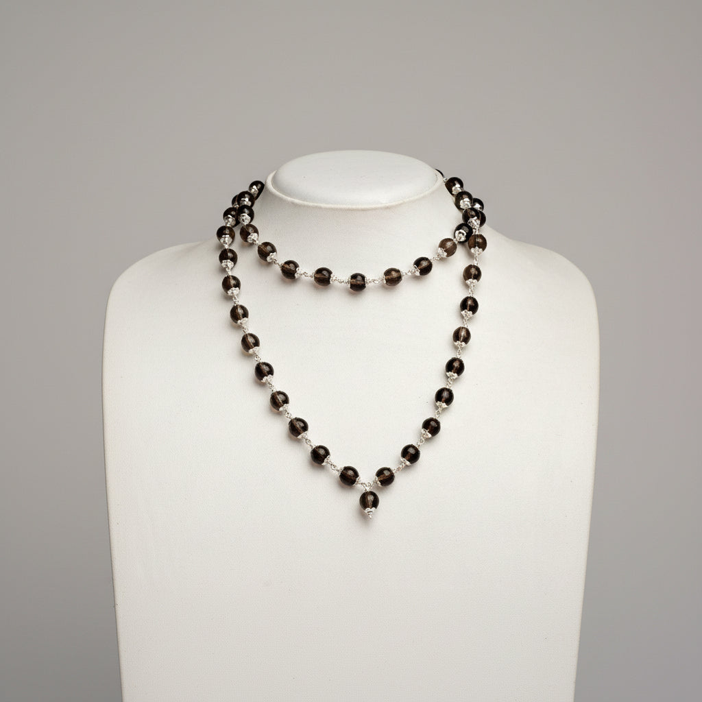 Faceted Smoky Quartz 925 Silver Flower Caps Mala-4 mm