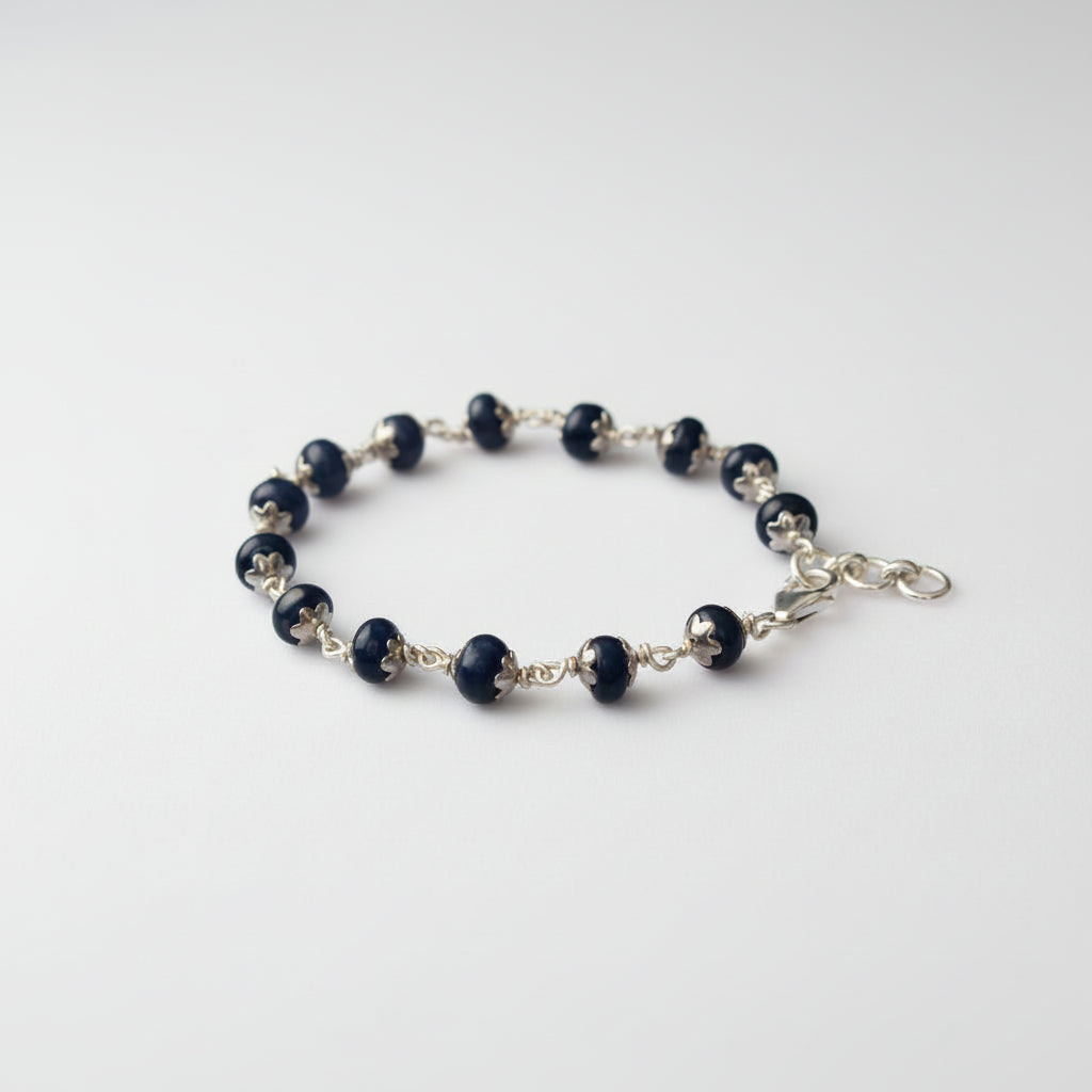 Blue Sapphire Bracelet in Pure Silver Flower Caps (7 mm)