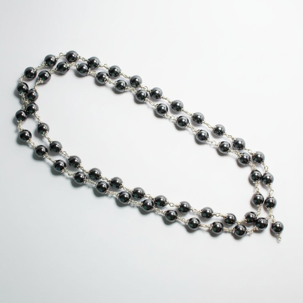 Hematite Mala in Pure Silver Flower Caps