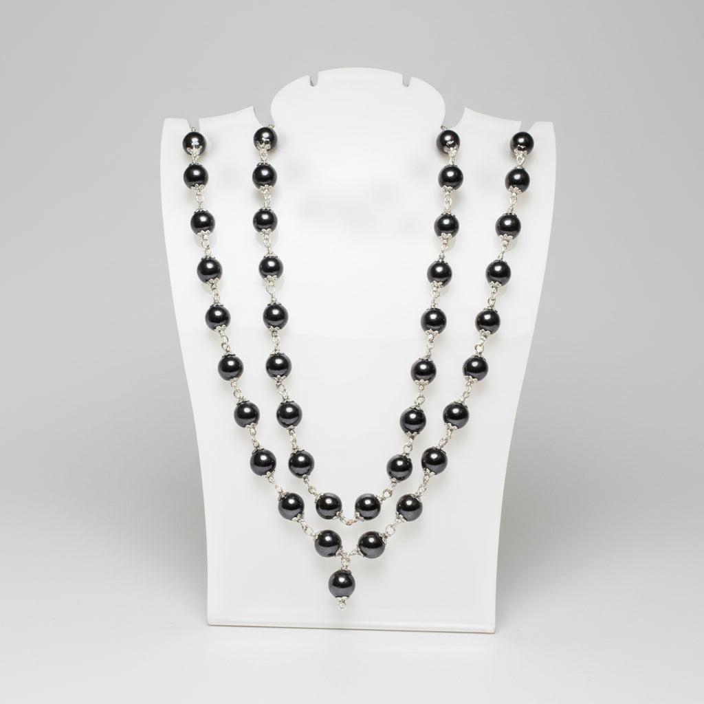 Hematite Mala in Pure Silver Flower Caps