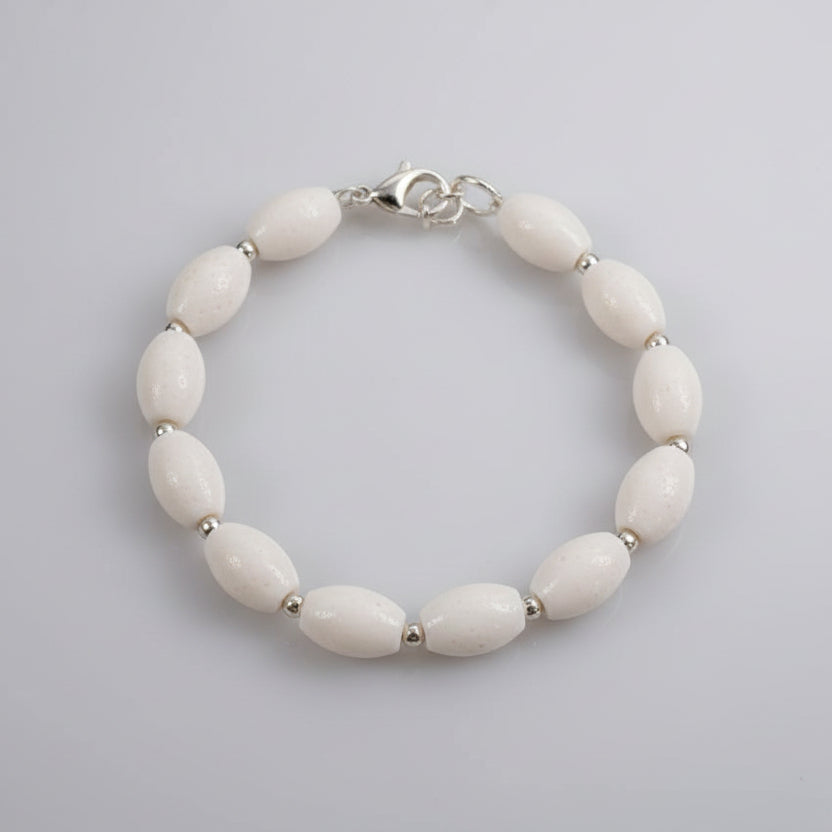 White Coral Drum Shape Silver Balls Bracelet