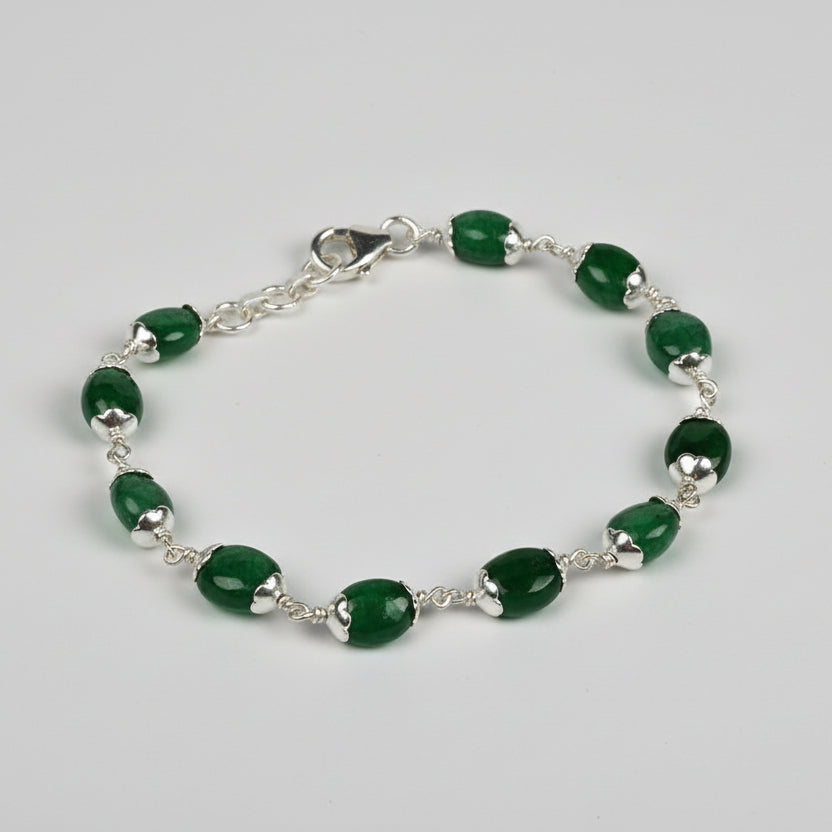 Emerald Oval Beads 925 Silver Flower Caps Bracelet - 23.75 Carats