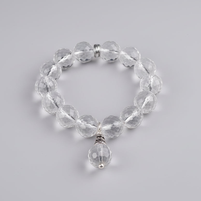 Round Faceted Sphatik Bracelet in Elastic with Trinklet-8 mm