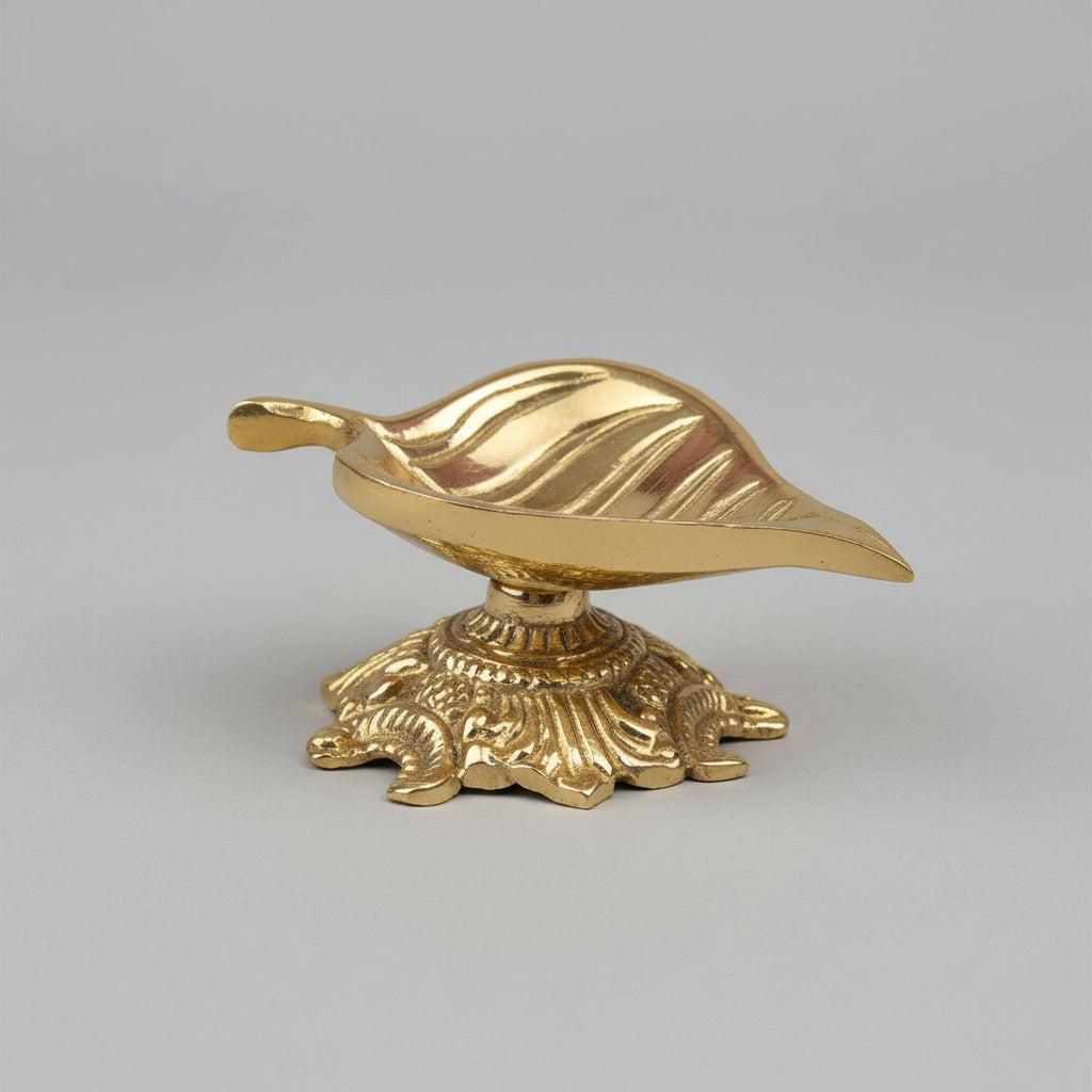 Brass Peepal Leaf Diya on Stand