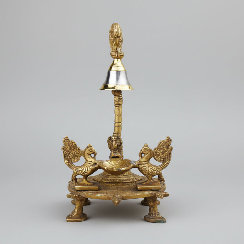 Brass Kurma Twin Peacock Hand Ganesh Diya with Parrot and Bell