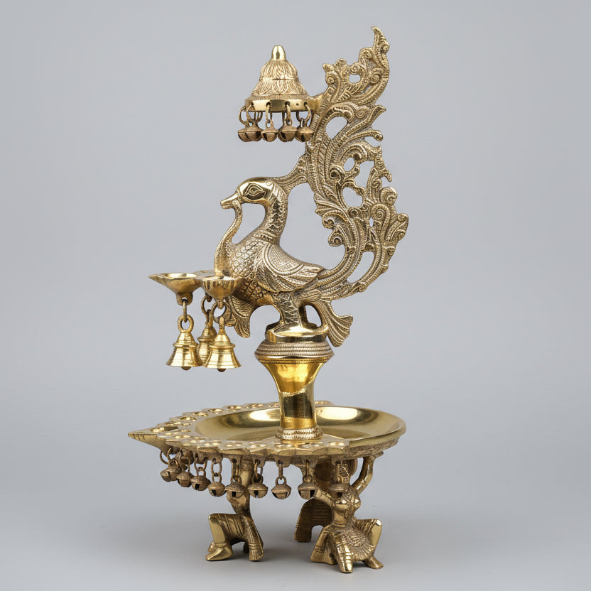 Brass Peacock 22 Diyas Lamp with Bells & Gungroo