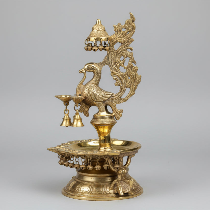 Brass Peacock 22 Diyas Lamp with Bells & Gungroo