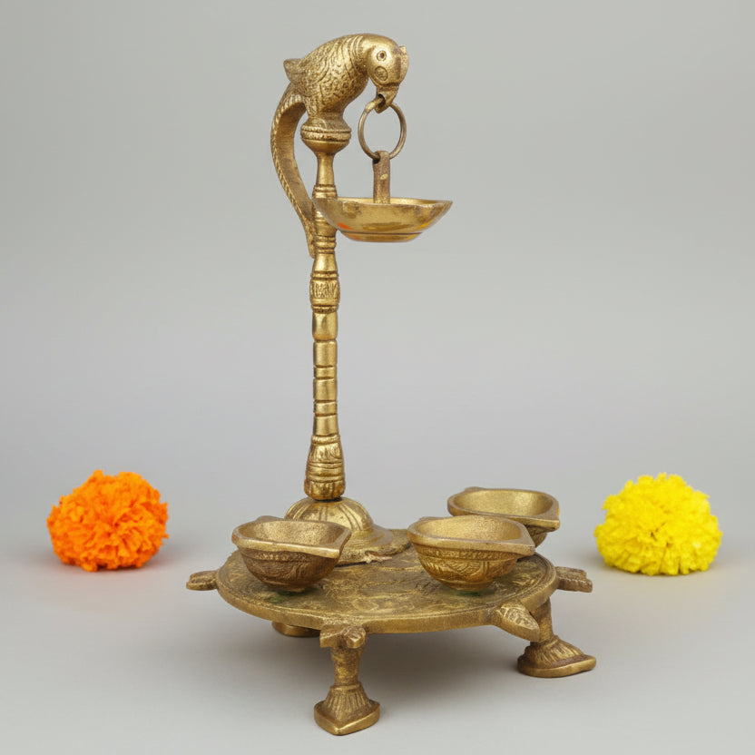 Brass Kurma 3 Diyas with Parrot & Hanging Samai