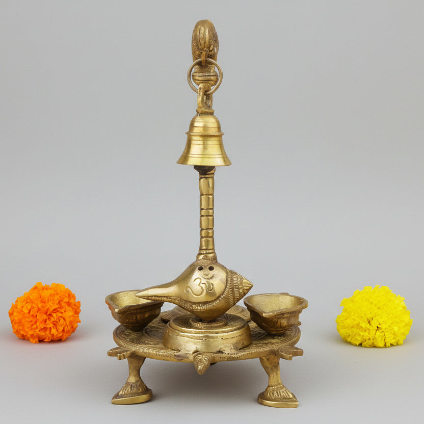 Brass Kurma Twin Diya with Shankh Kapoor Agarbatti Holder and Parrot With Bell