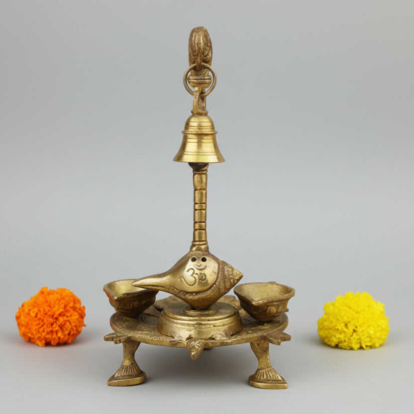 Brass Kurma Twin Diya with Shankh Kapoor Agarbatti Holder and Parrot With Bell