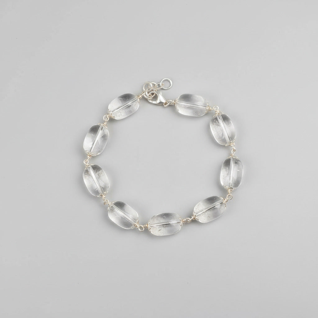 Drum Shaped Sphatik Bracelet With Silver Caps & Hook