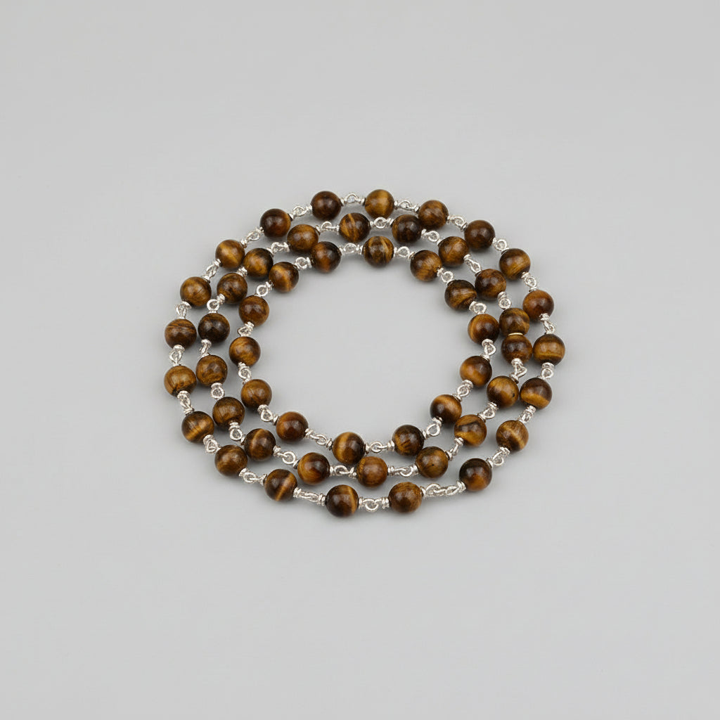 Tiger Eye Round Beads 925 Silver Wire Mala-8 mm