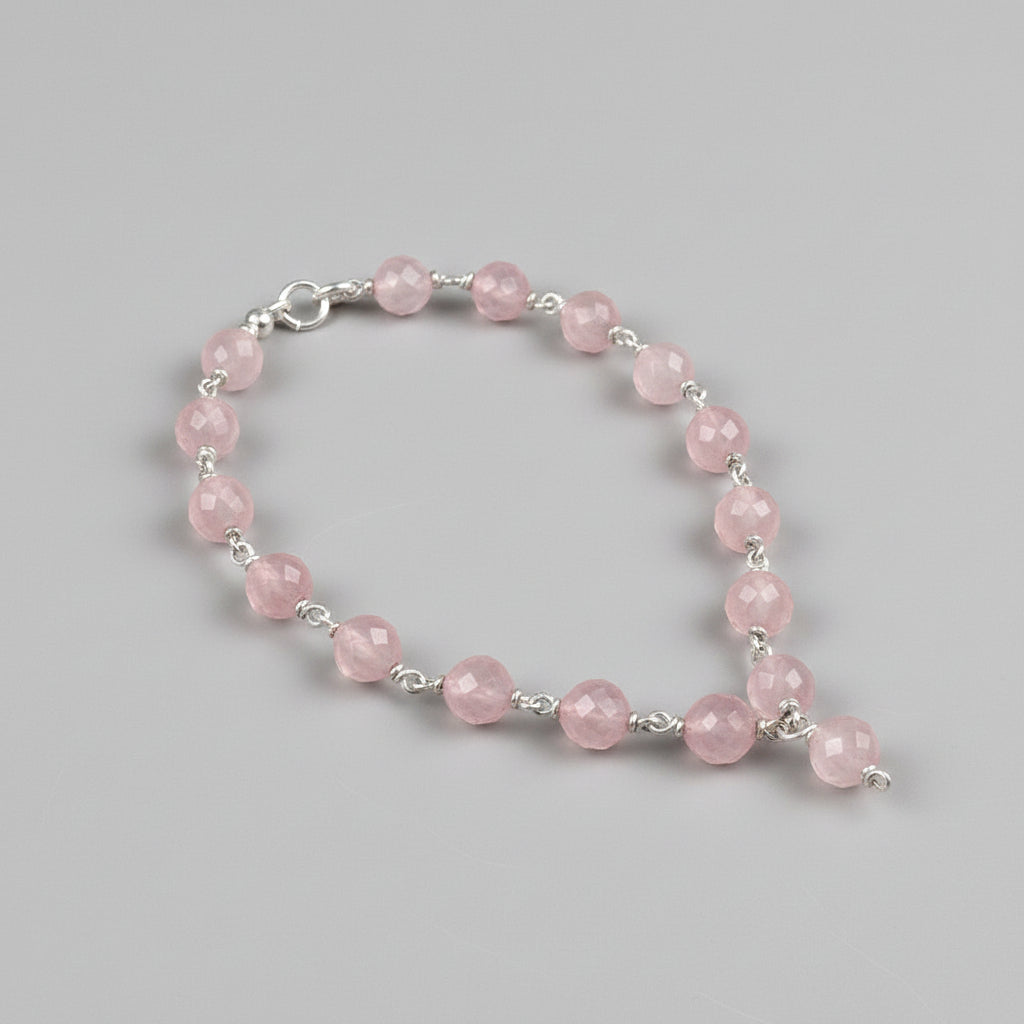 Rose Quartz Faceted Beads 925 Silver Wire Mala-8 mm